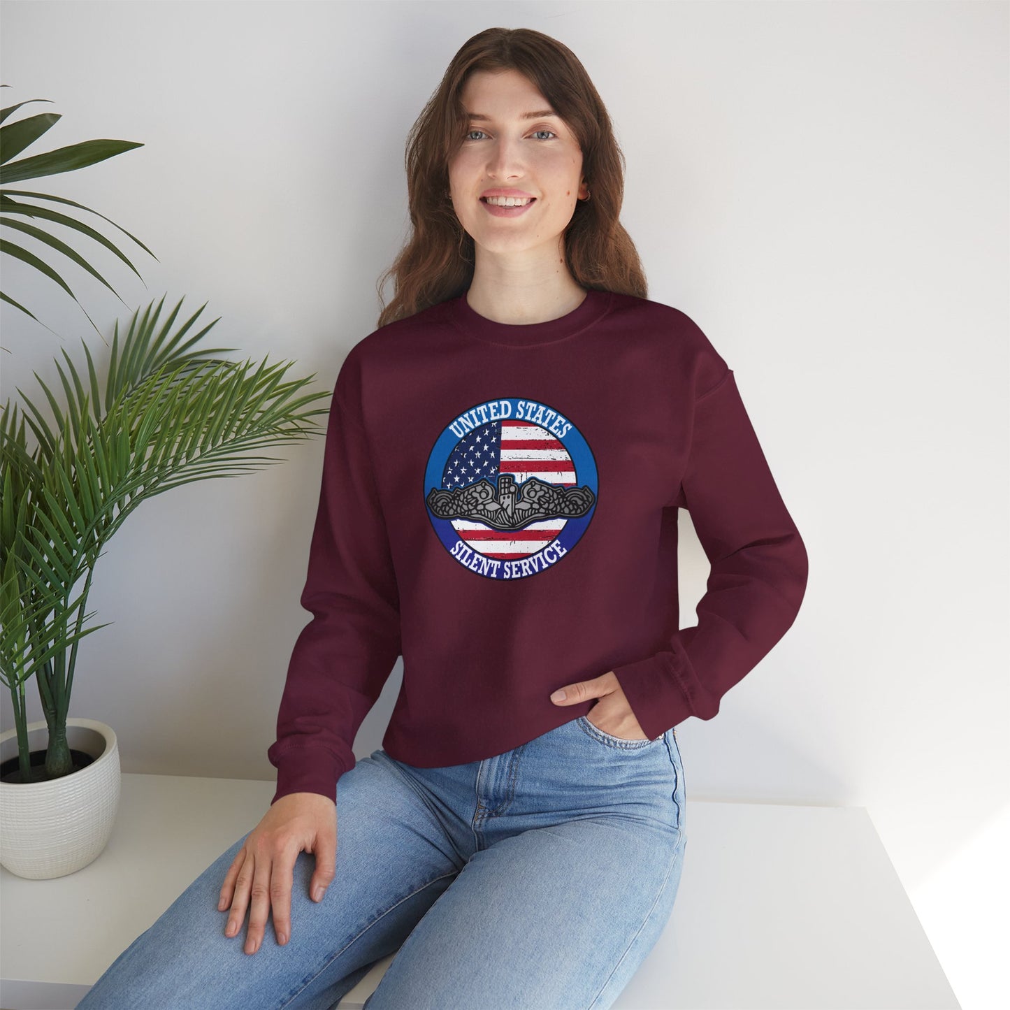 United States Silent Service Submarine Force Silver Dolphins on Distressed American Flag Unisex Heavy Blend™ Crewneck Sweatshirt