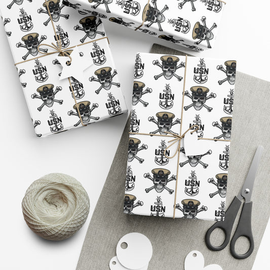 US Navy SCPO Senior Chief Skull & Crossbones with Anchors White Gift Wrap Papers