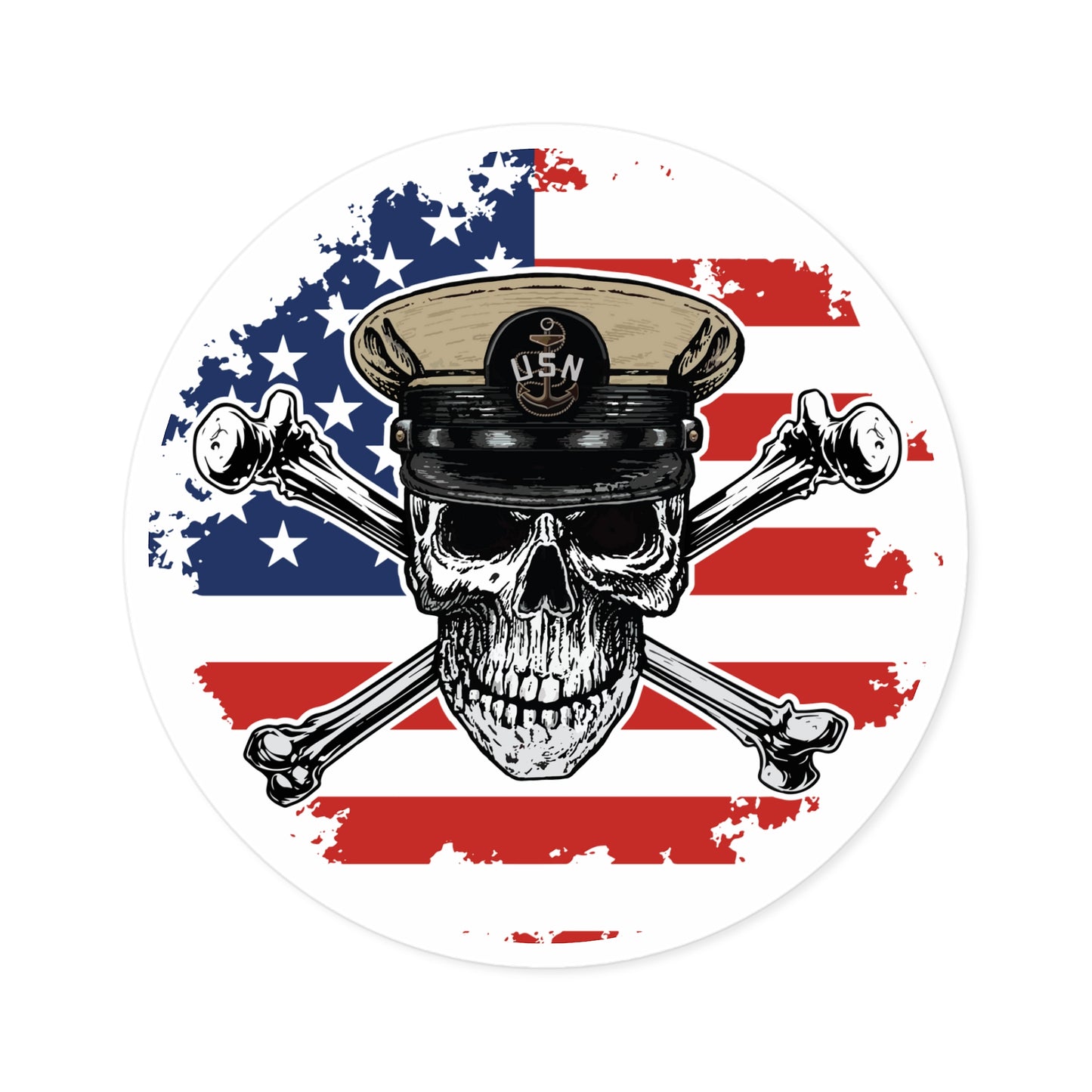 Naval Chief CPO Skull & Crossbones on American Flag Round Sticker