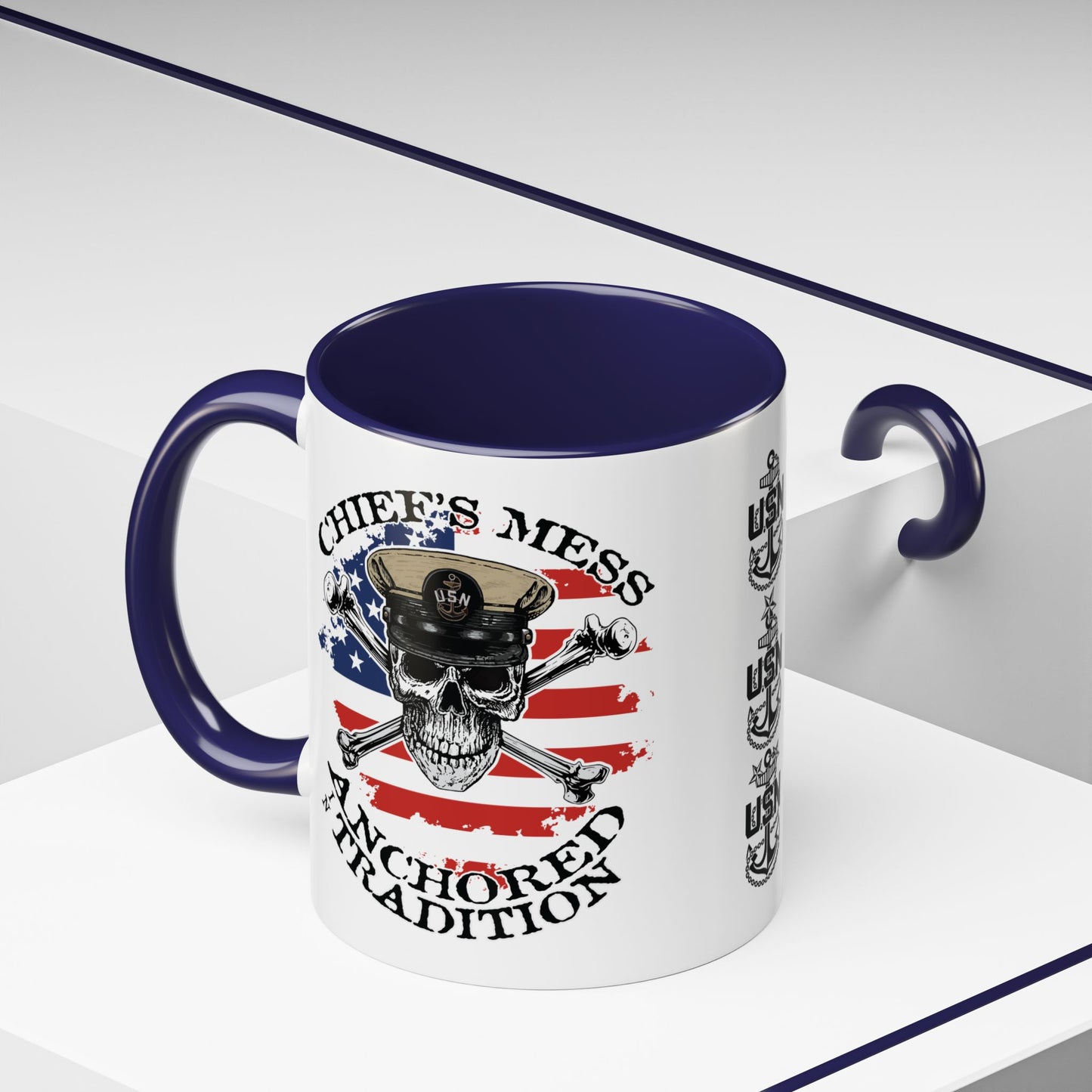 US Navy Chief's Mess Anchored Tradition CPO Sailor Skull with Distressed USA Flag Accent Coffee Mugs