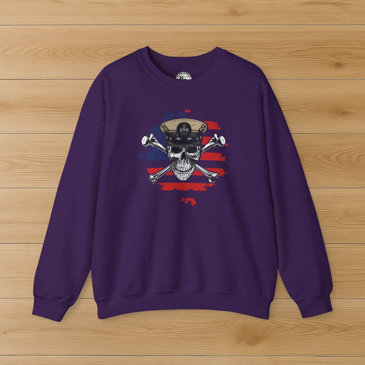 Naval Chief Skull & Crossbones CPO on Distressed American Flag Unisex Heavy Blend™ Crewneck Sweatshirt
