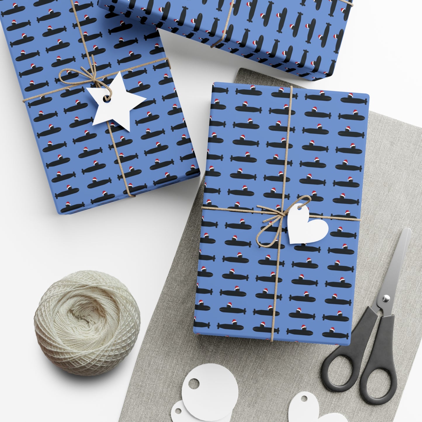 United States Navy Submarine Force Santa Hat on Black Mini Submarines Light Blue Gift Wrap Papers