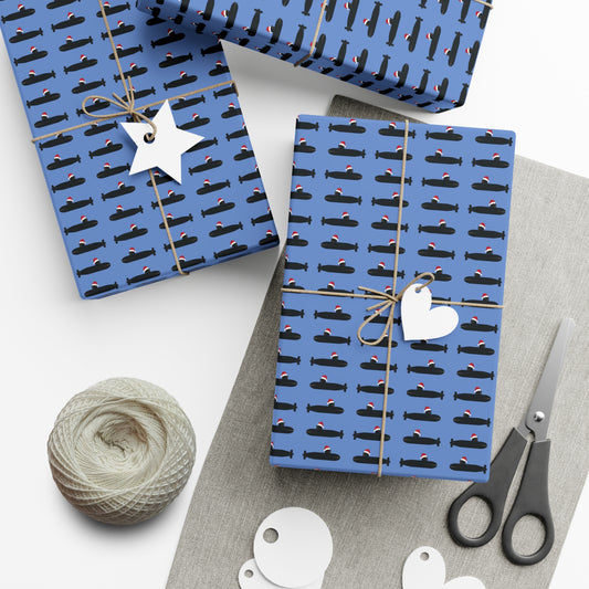 United States Navy Submarine Force Santa Hat on Black Mini Submarines Light Blue Gift Wrap Papers