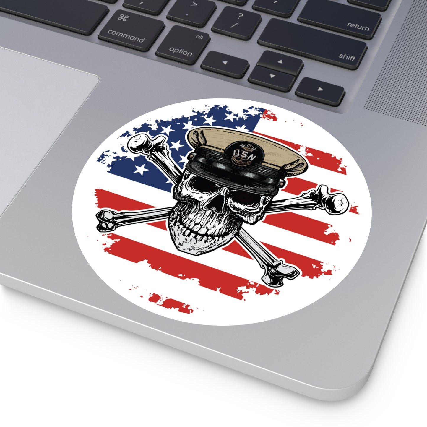 Naval Master Chief MCPO Skull & Crossbones on American Flag Round Sticker