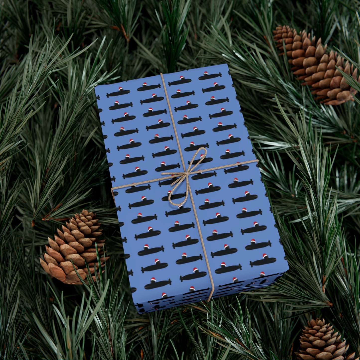United States Navy Submarine Force Santa Hat on Black Mini Submarines Light Blue Gift Wrap Papers