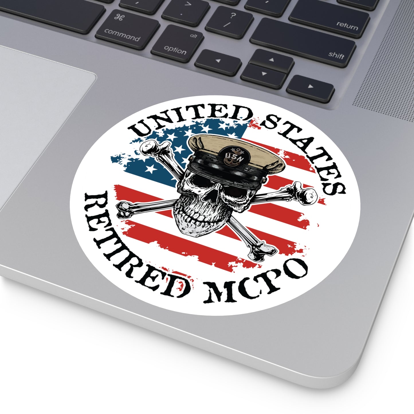 United States Retired MCPO Skull Crossbones Master Chief Petty Officer with Distressed American Flag Master Round Sticker