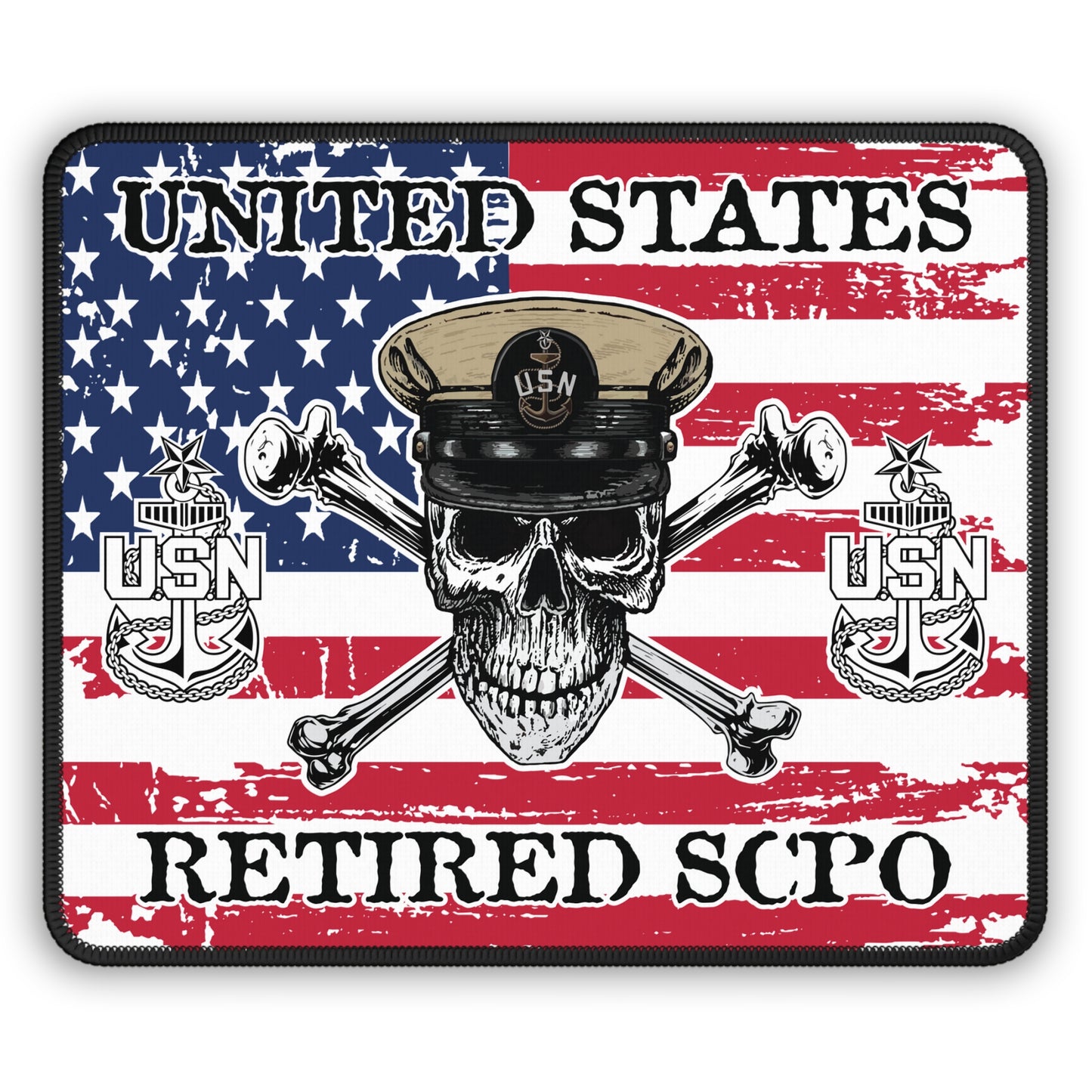 United States Retired CPO Skull Crossbones Chief with Distressed American Flag Gaming Mouse Pad