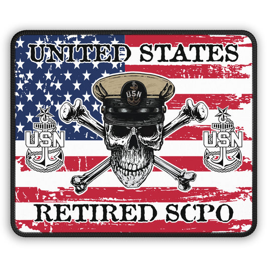 United States Retired CPO Skull Crossbones Chief with Distressed American Flag Gaming Mouse Pad