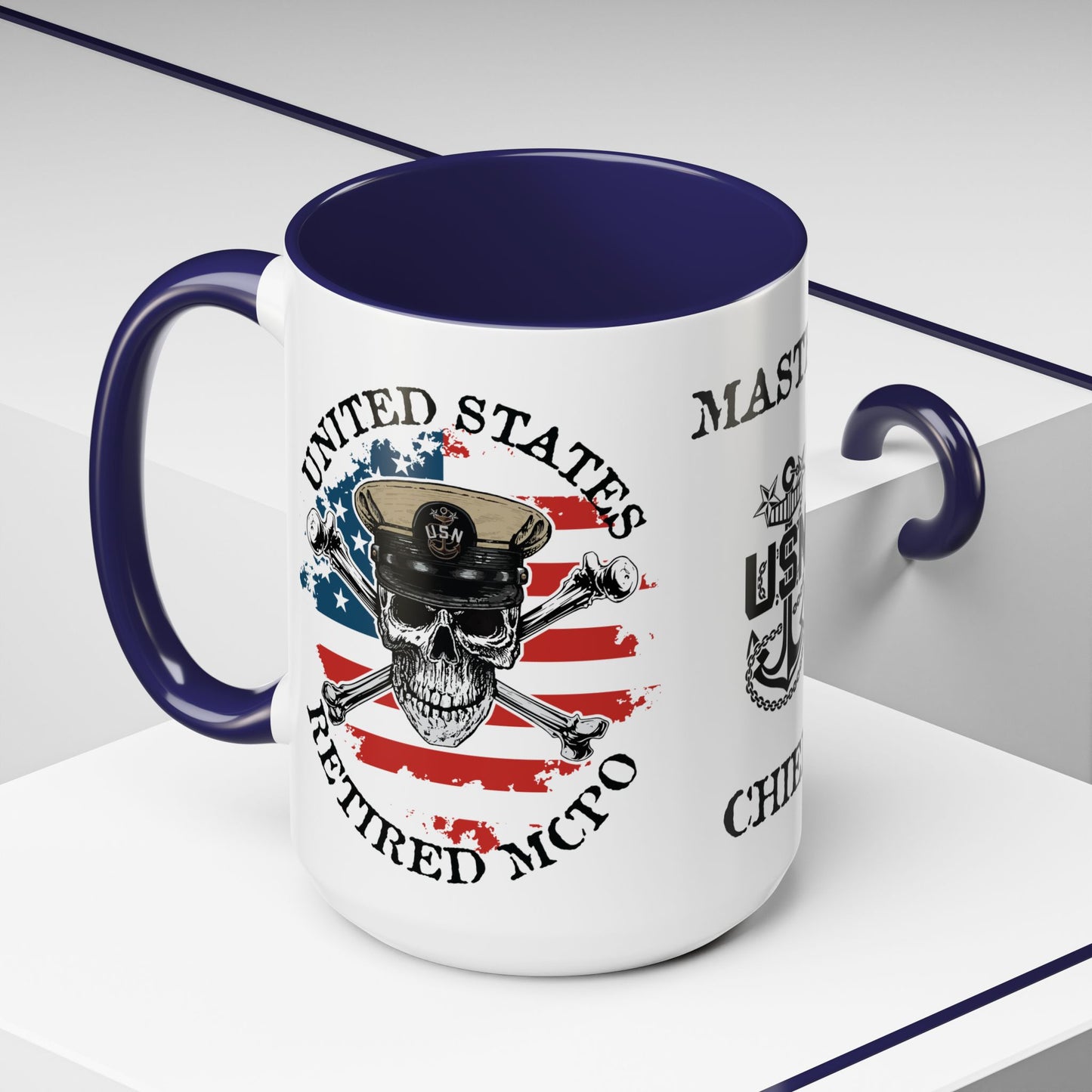 United States Navy Retired MCPO Skull Crossbones Master Chief Petty Officer Anchor with Distressed USA Flag Accent Coffee Mugs
