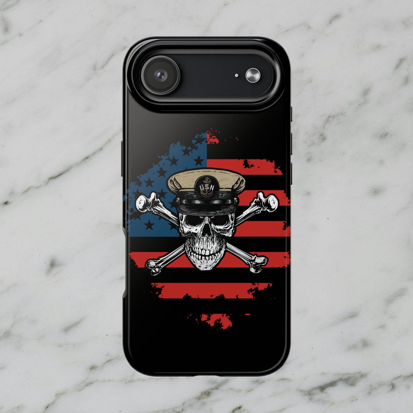 Naval Chief Skull & Crossbones on American Flag Black Tough iPhone Case