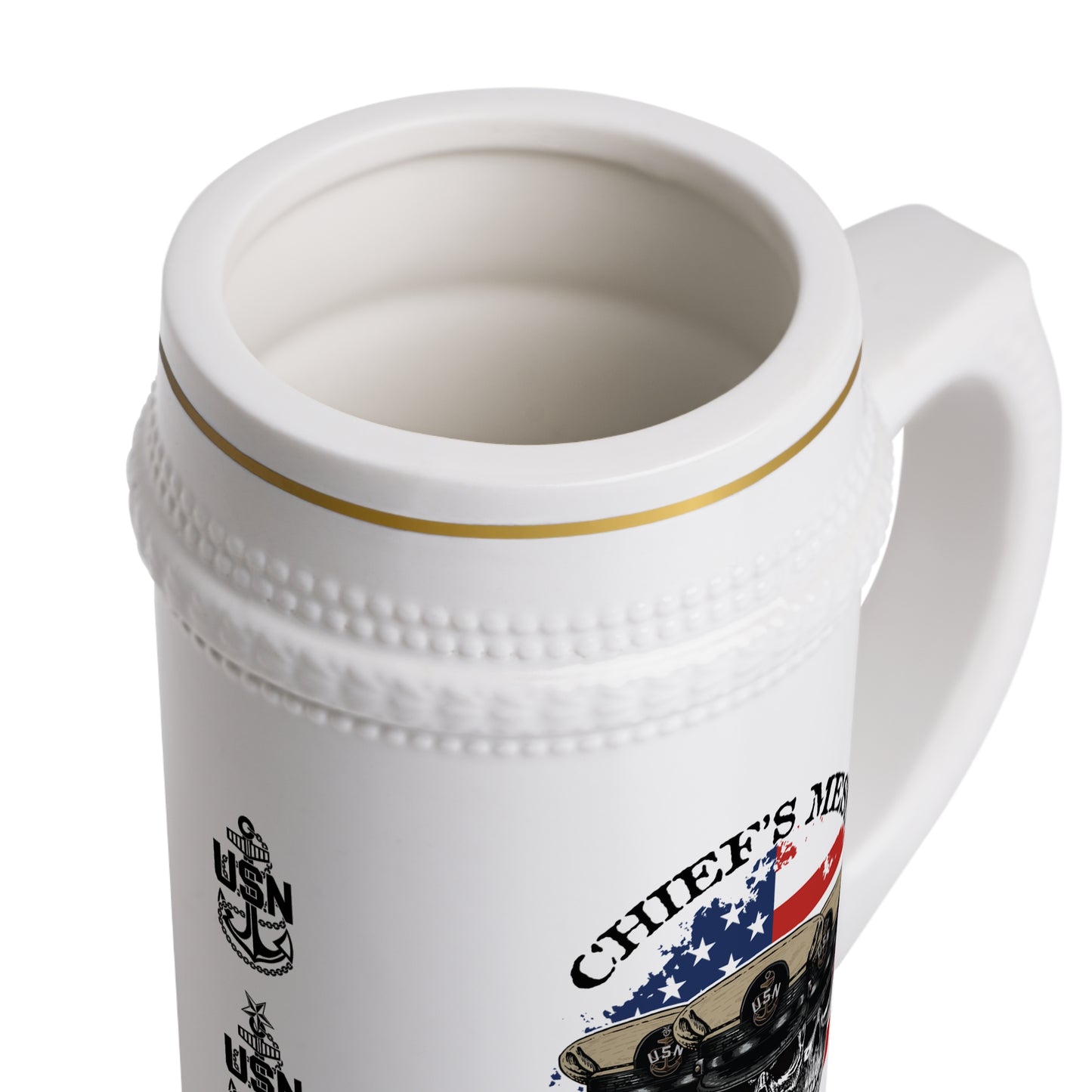 US Navy Chief's Mess Anchored Tradition CPO Skulls on Distressed USA Flag Stein Mug
