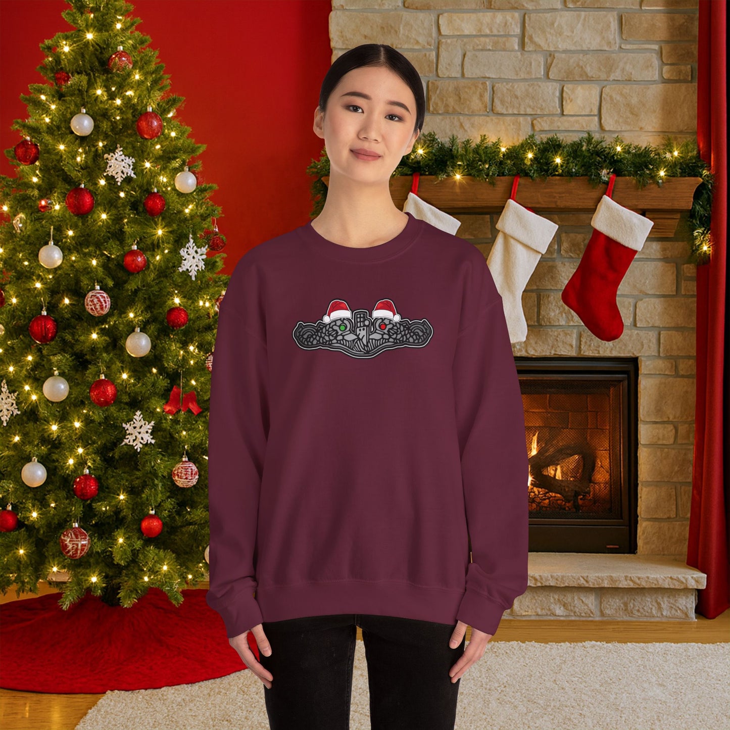 United States Submarine Force Silver Dolphins Christmas Santa Hats with Red and Green Eyes Unisex Heavy Blend™ Crewneck Sweatshirt