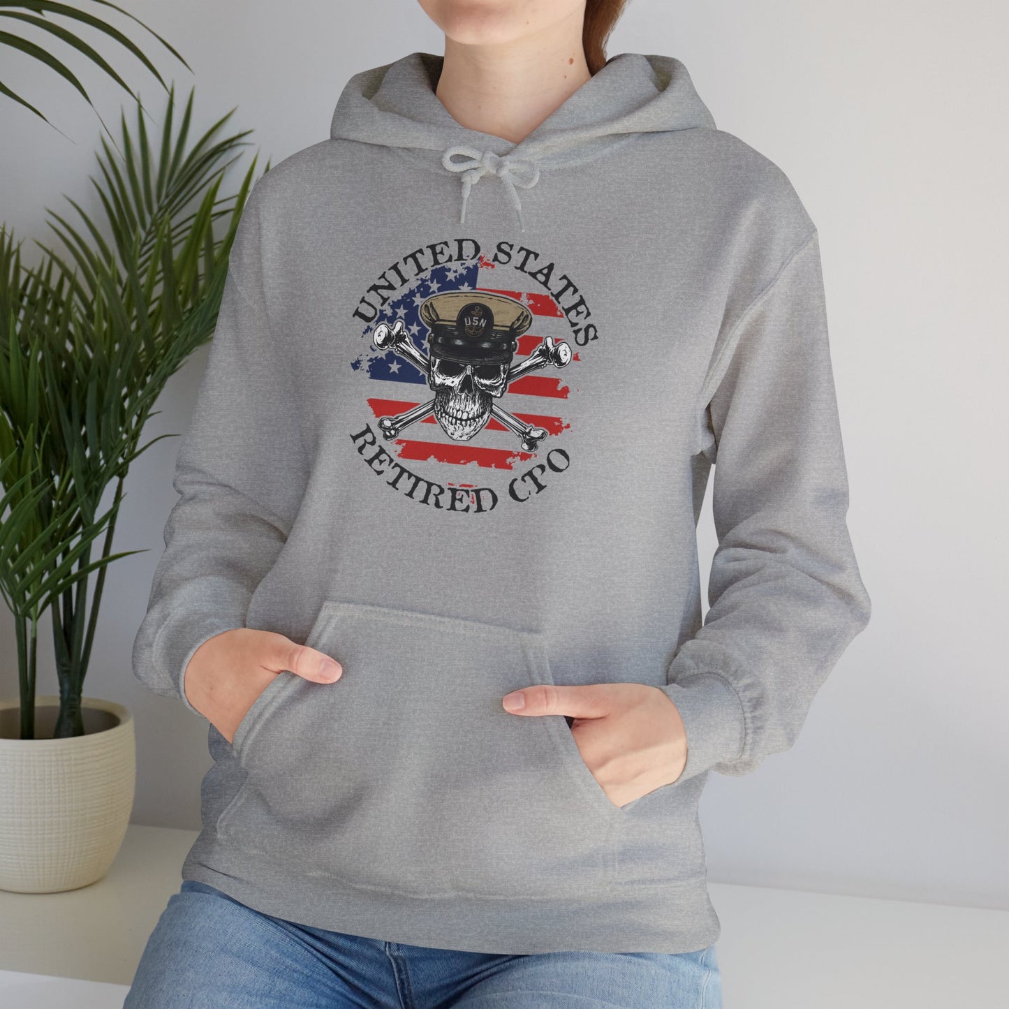 United States Retired CPO Skull Crossbones Chief Petty Officer with Distressed American Flag Unisex Heavy Blend™ Hooded Sweatshirt