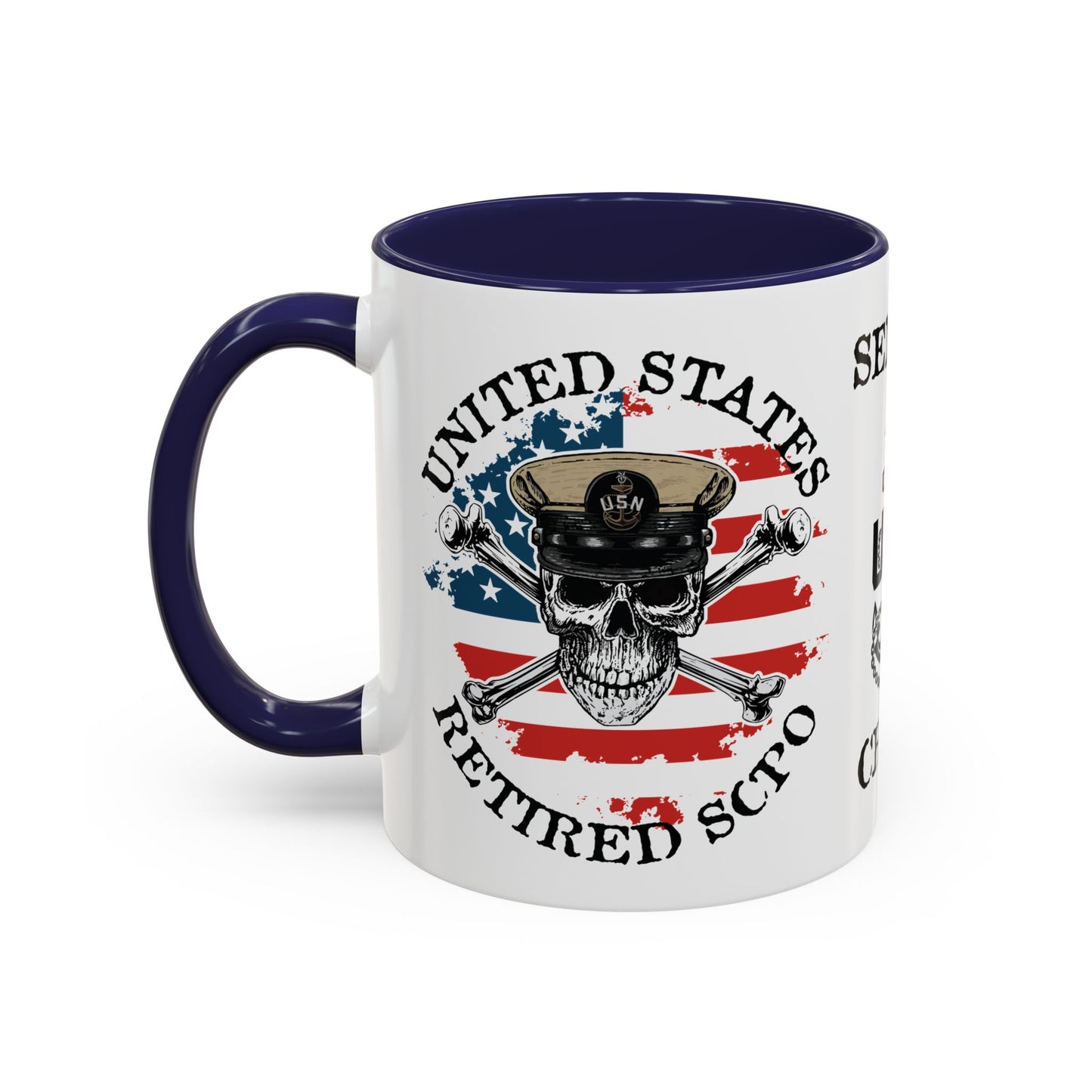 United States Navy Retired SCPO Skull Crossbones Senior Chief Petty Officer Anchor with Distressed USA Flag Accent Coffee Mugs