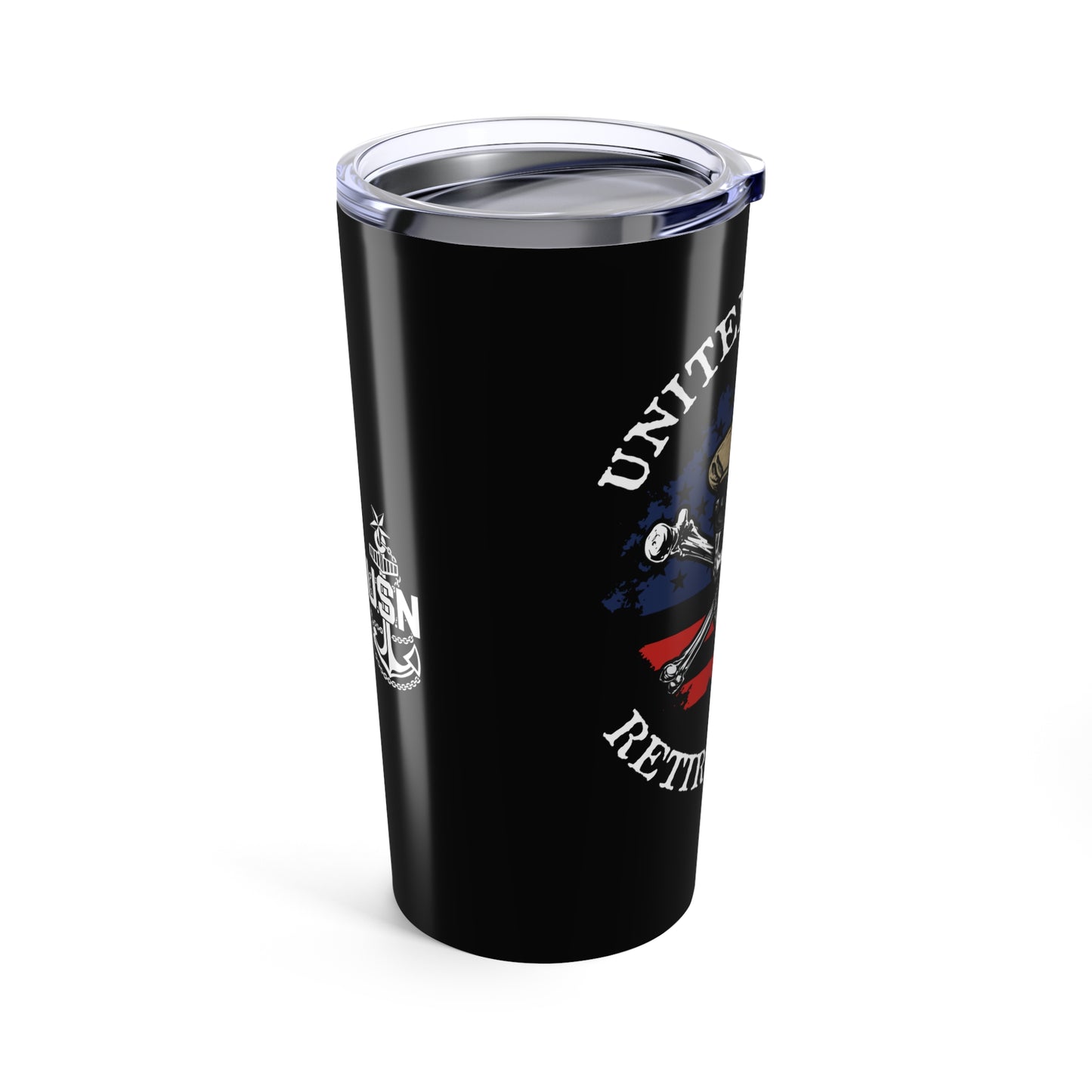 United States Retired SCPO Skull Crossbones Senior Chief Petty Officer with Distressed American Flag Stainless Steel Tumbler 20oz