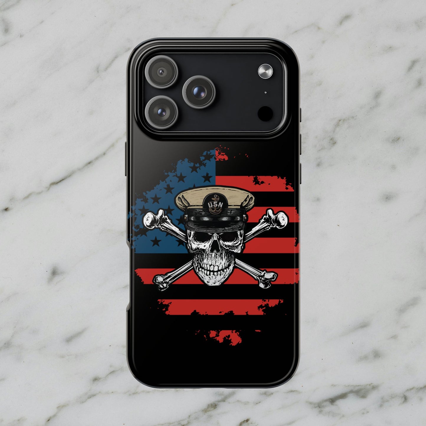Naval Chief Skull & Crossbones on American Flag Black Tough iPhone Case