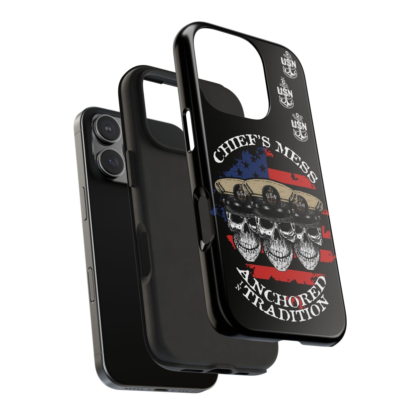 Chief's Mess Anchored Tradition CPO Sailor Skulls on Distressed USA Flag Black Tough iPhone Case