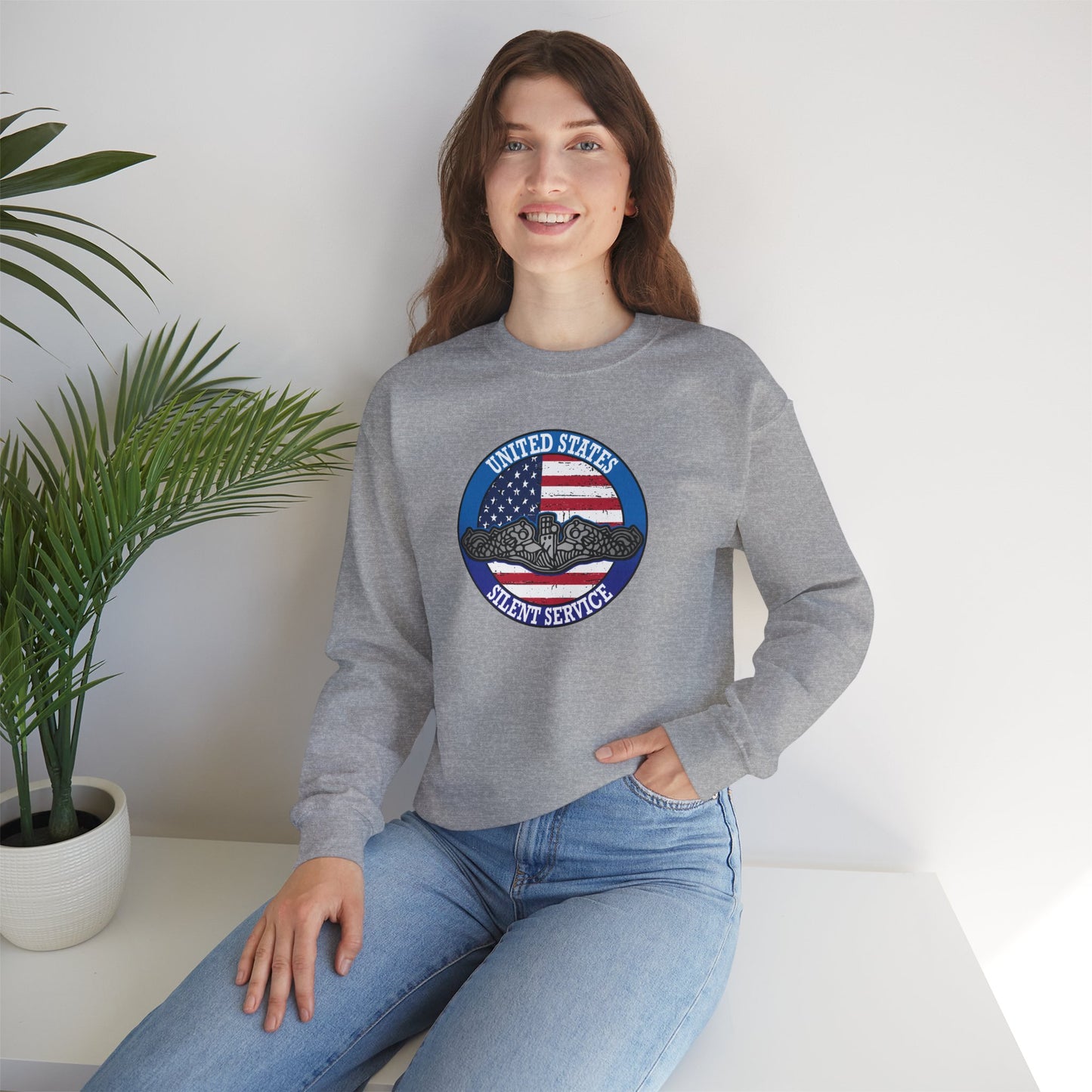 United States Silent Service Submarine Force Silver Dolphins on Distressed American Flag Unisex Heavy Blend™ Crewneck Sweatshirt
