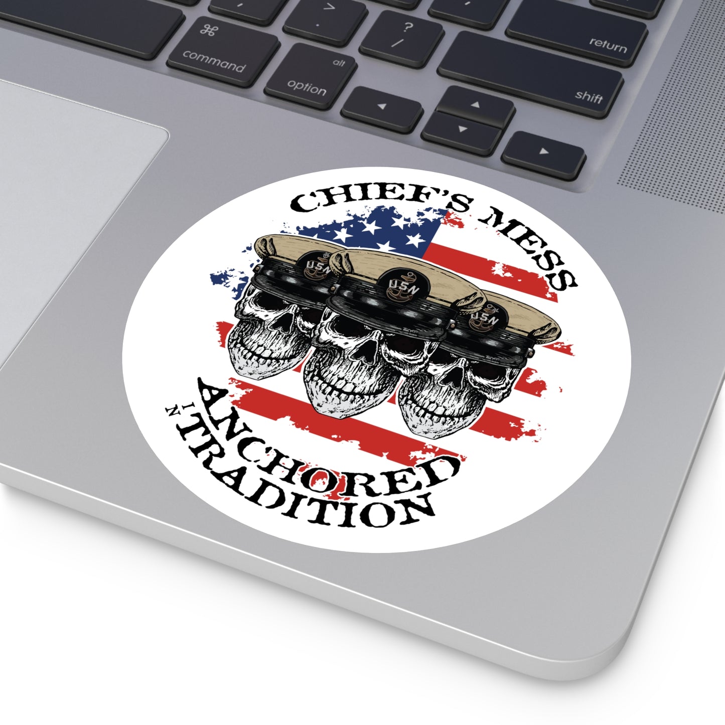 Chief's Mess Anchored Tradition CPO Sailor Skulls on Distressed USA Flag Round Stickers