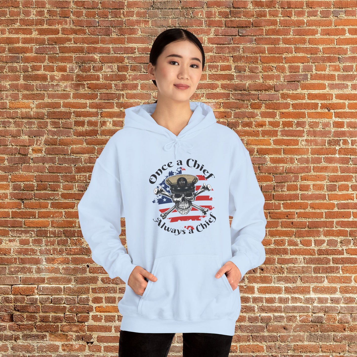 Once a Chief CPO Skull & Crossbones Sailor on Distressed USA Flag Unisex Heavy Blend™ Hooded Sweatshirt