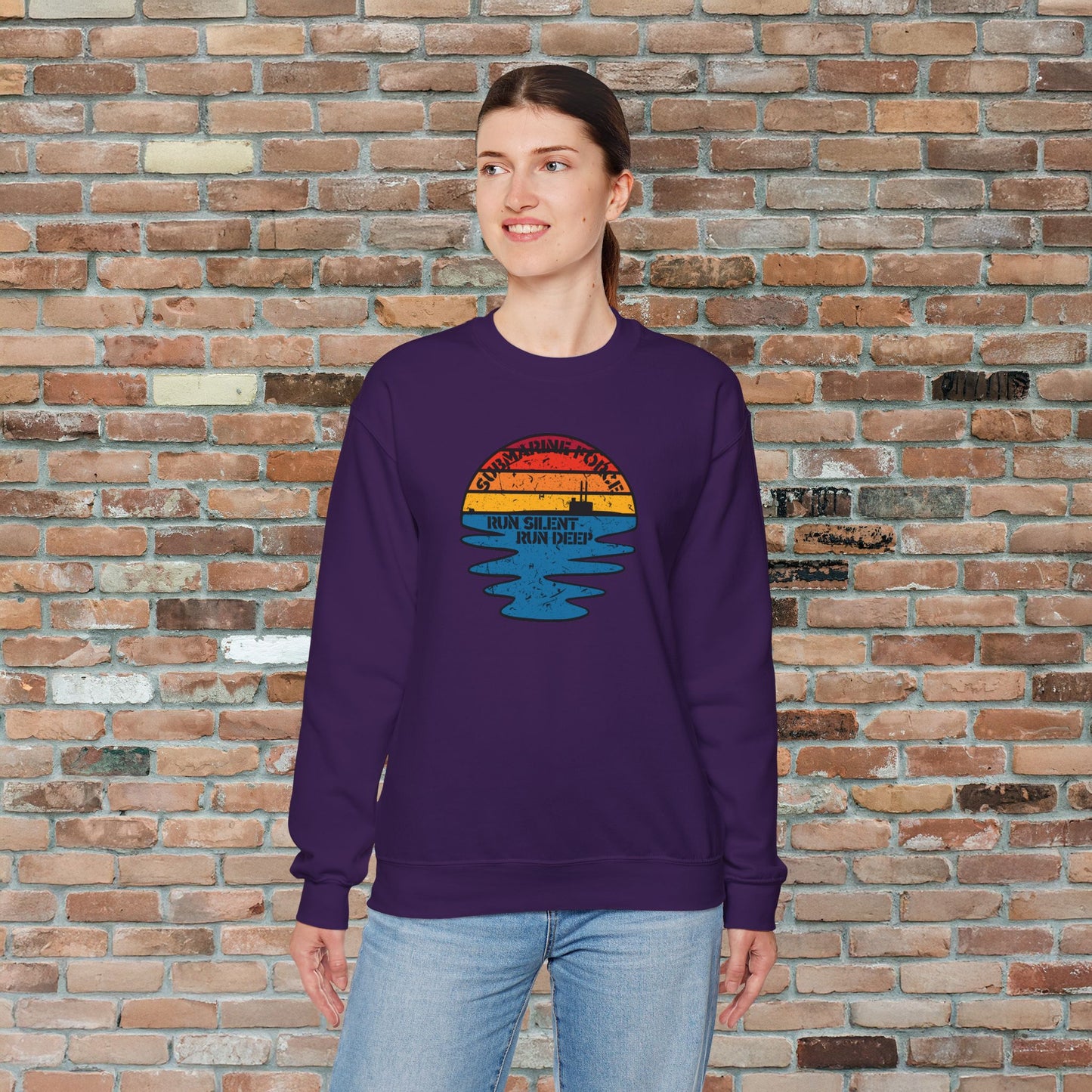 Sunset United States Navy Submarine Force Run Silent Deep Distressed Vintage Mk2 Unisex Heavy Blend™ Crewneck Sweatshirt