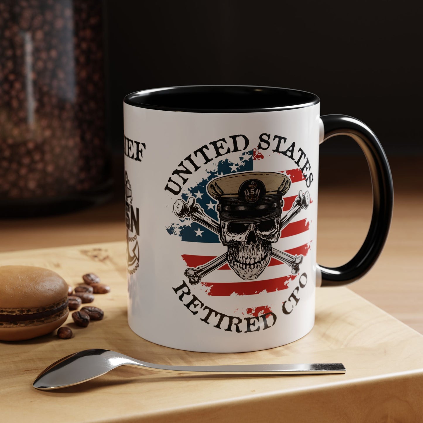 United States Navy Retired CPO Skull Crossbones Chief Petty Officer Anchor with Distressed USA Flag Accent Coffee Mugs