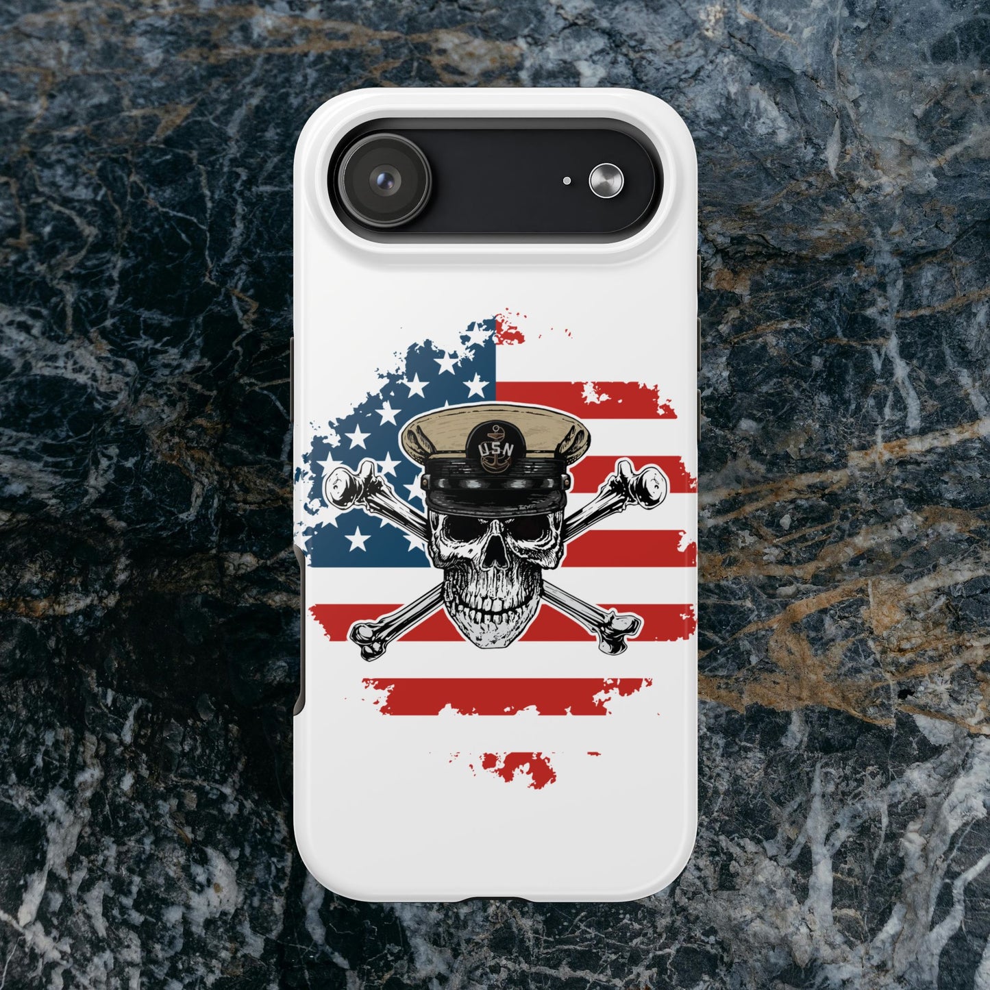 Naval Chief Skull & Crossbones on American Flag White Tough iPhone Case