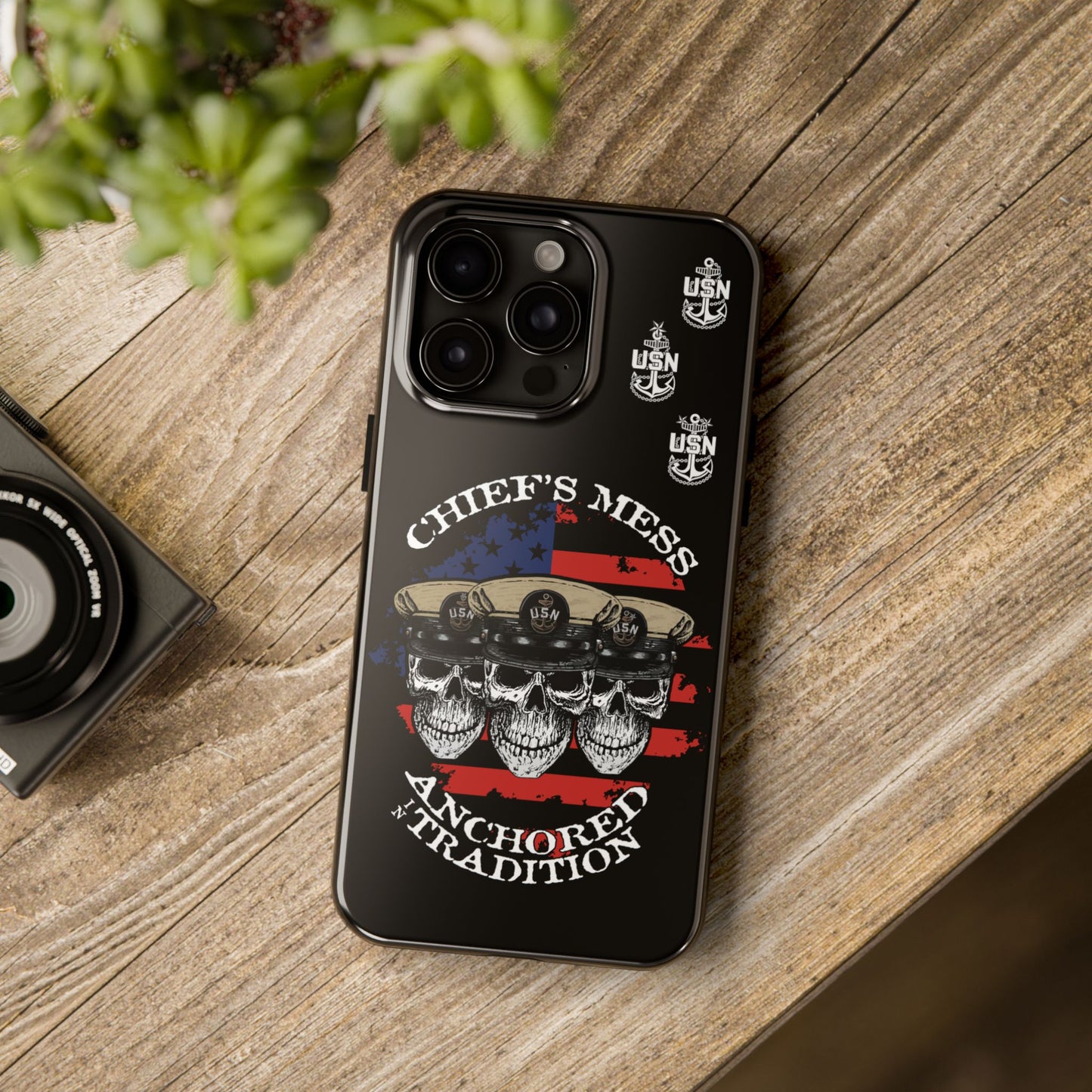 Chief's Mess Anchored Tradition CPO Sailor Skulls on Distressed USA Flag Black Tough iPhone Case