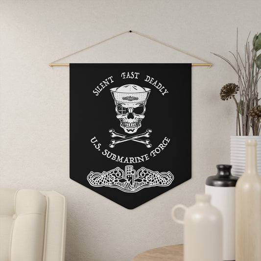 US Navy Submarine Force Skull and Crossbones Sailor with Dolphins on Black Pennant