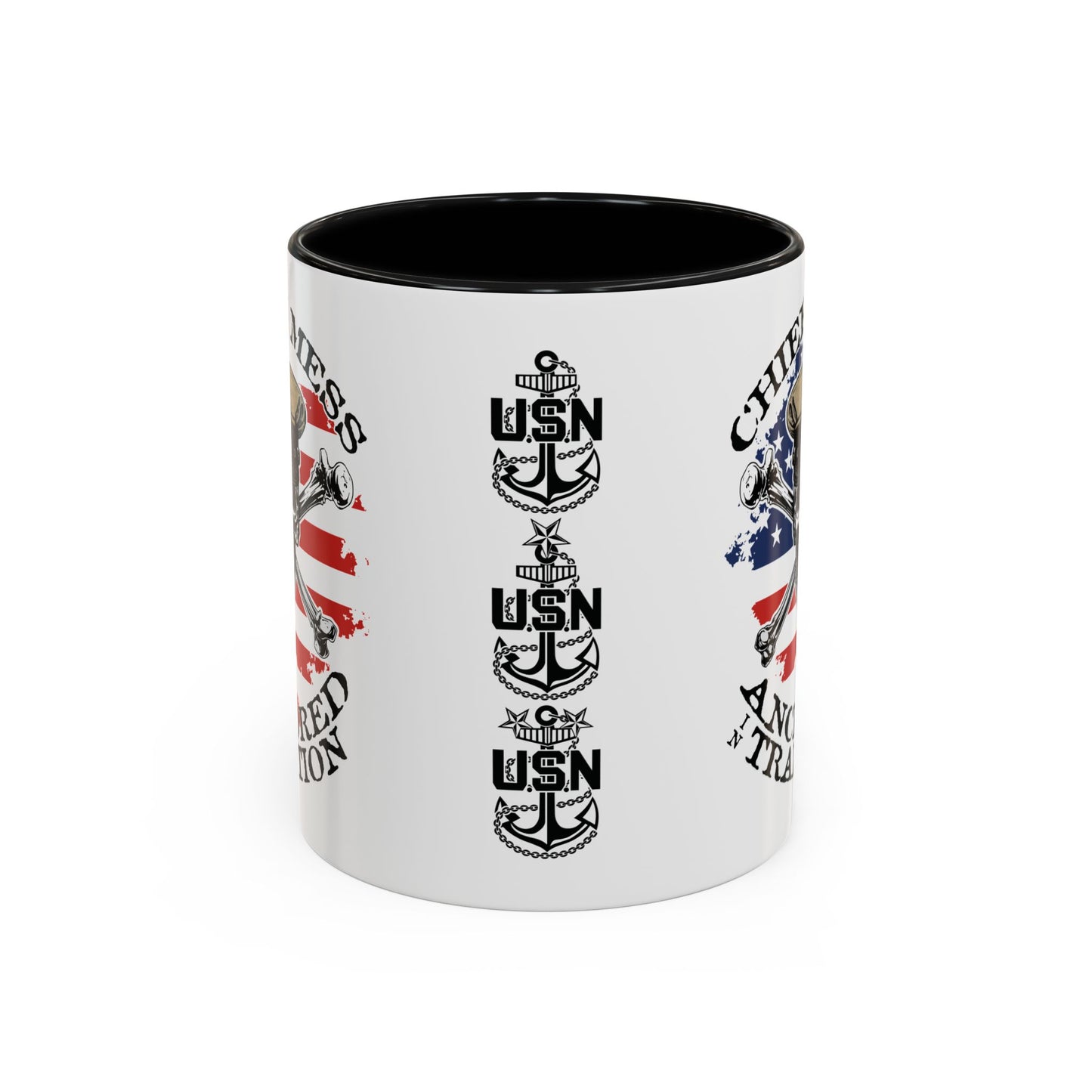 US Navy Chief's Mess Anchored Tradition CPO Sailor Skull with Distressed USA Flag Accent Coffee Mugs