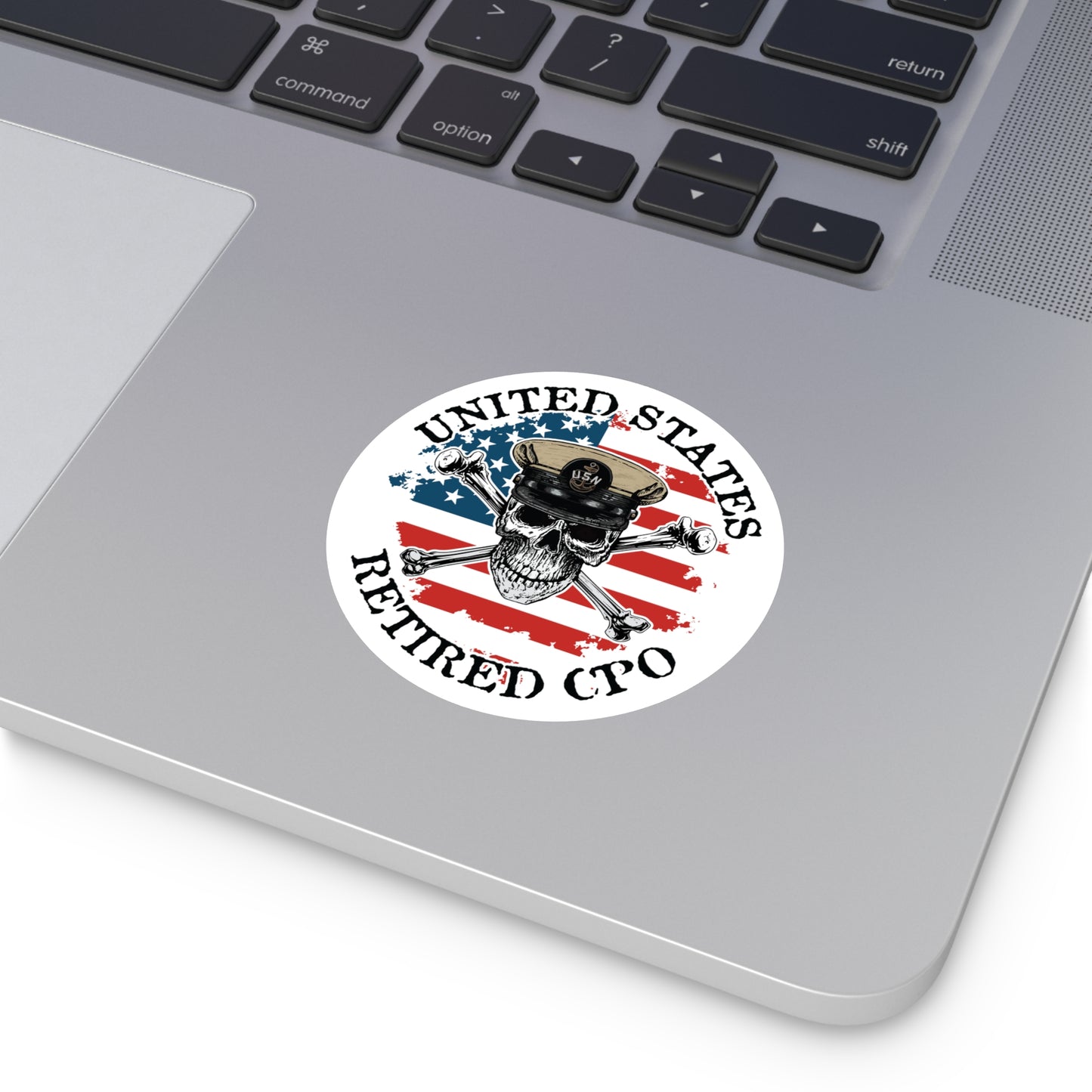 U.S. Retired CPO Skull Crossbones Chief Petty Officer with Distressed American Flag Round Sticker