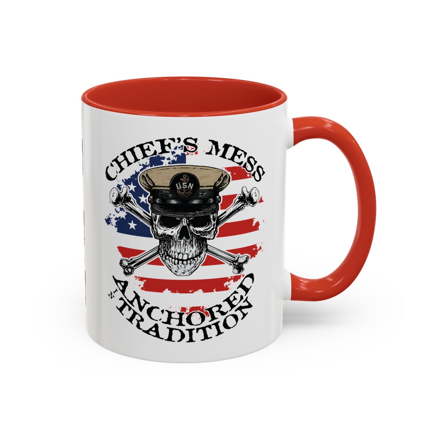 US Navy Chief's Mess Anchored Tradition CPO Sailor Skull with Distressed USA Flag Accent Coffee Mugs
