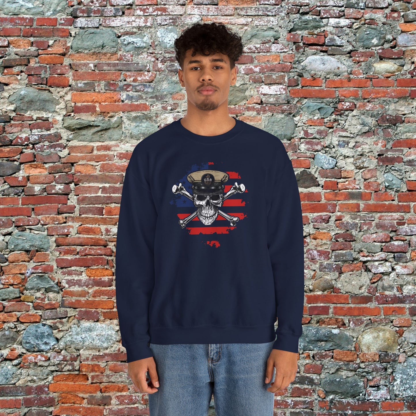 Naval Chief Skull & Crossbones CPO on Distressed American Flag Unisex Heavy Blend™ Crewneck Sweatshirt