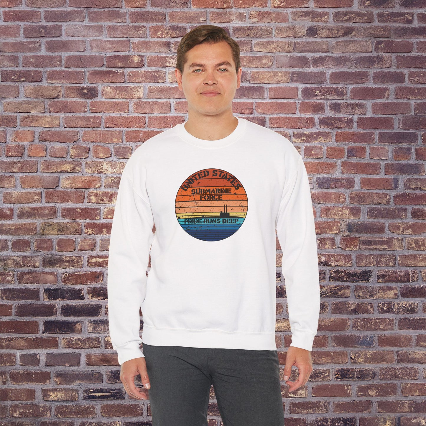 Sunset United States Navy Submarine Force Pride Runs Deep Distressed Vintage Unisex Heavy Blend™ Crewneck Sweatshirt