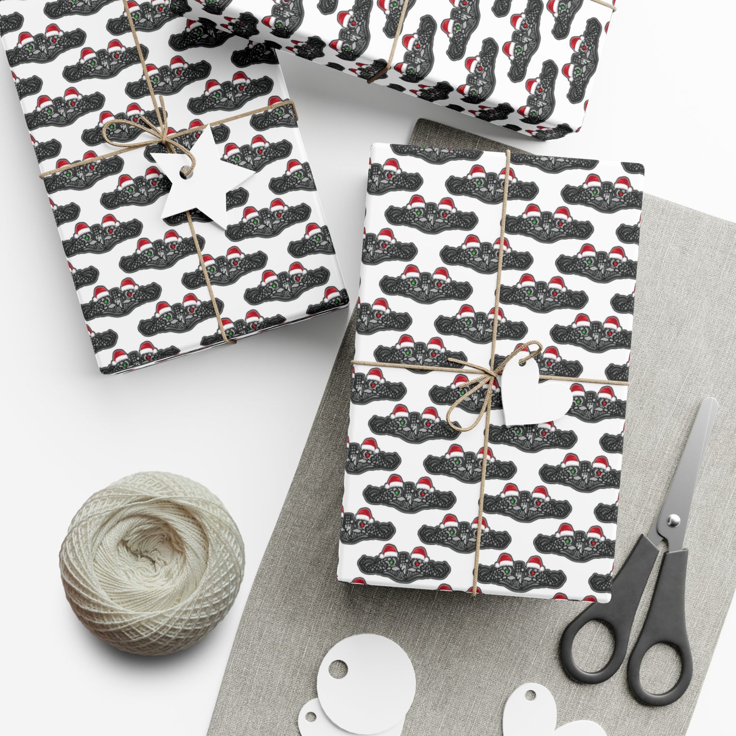 United States Navy Submarine Force Silver Enlisted Dolphins Christmas Hats with Red and Green Eyes White Gift Wrap Papers