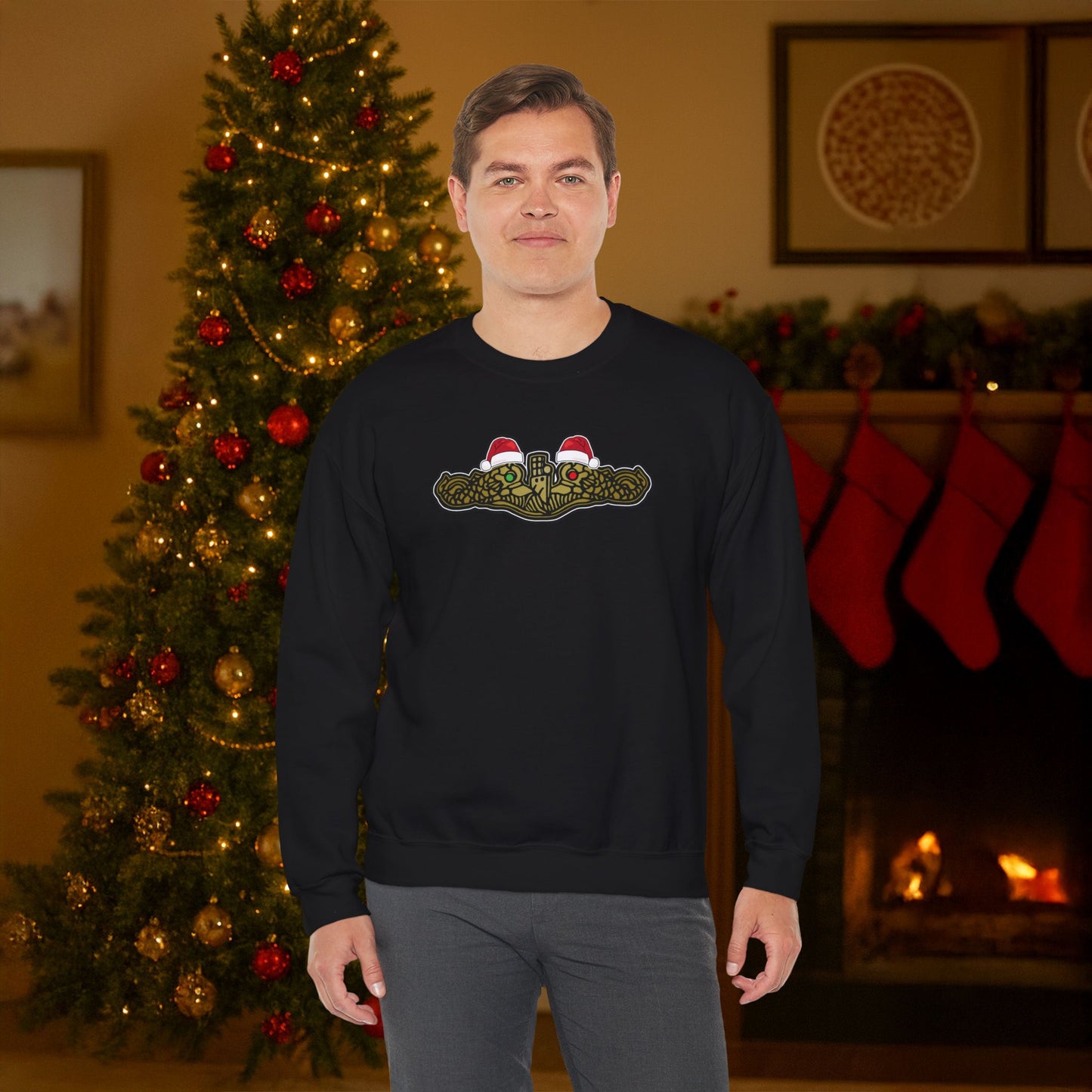 United States Submarine Force Gold Dolphins Christmas Santa Hats with Red and Green Eyes Unisex Heavy Blend™ Crewneck Sweatshirt