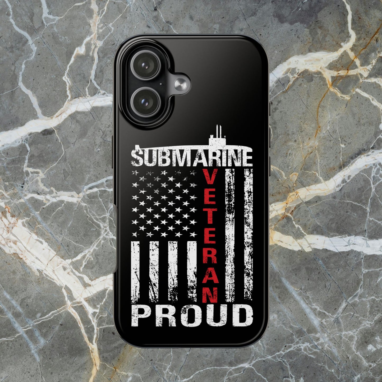 U.S. Submarine Veteran Proud Distressed White USA Flag Black Tough iPhone Case