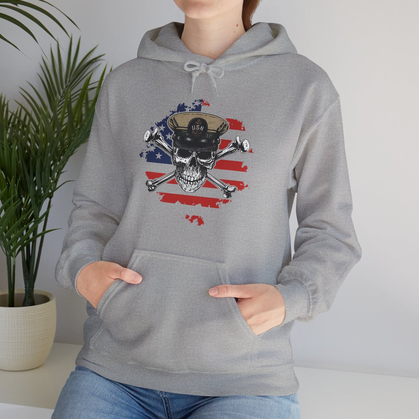 Navy Chief Skull & Crossbones on Distressed American Flag Unisex Heavy Blend™ Hooded Sweatshirt