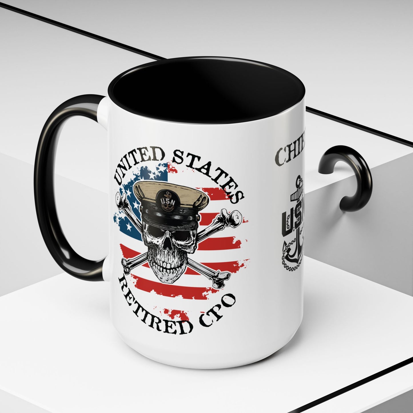 United States Navy Retired CPO Skull Crossbones Chief Petty Officer Anchor with Distressed USA Flag Accent Coffee Mugs