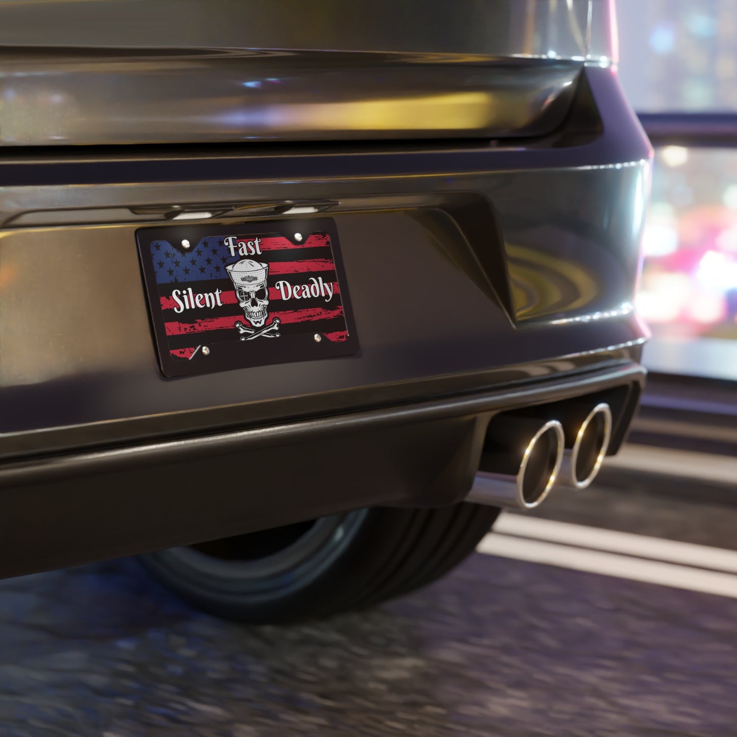 US Navy Silent Fast Deadly Skull & Crossbones on American Flag Vanity License Plate