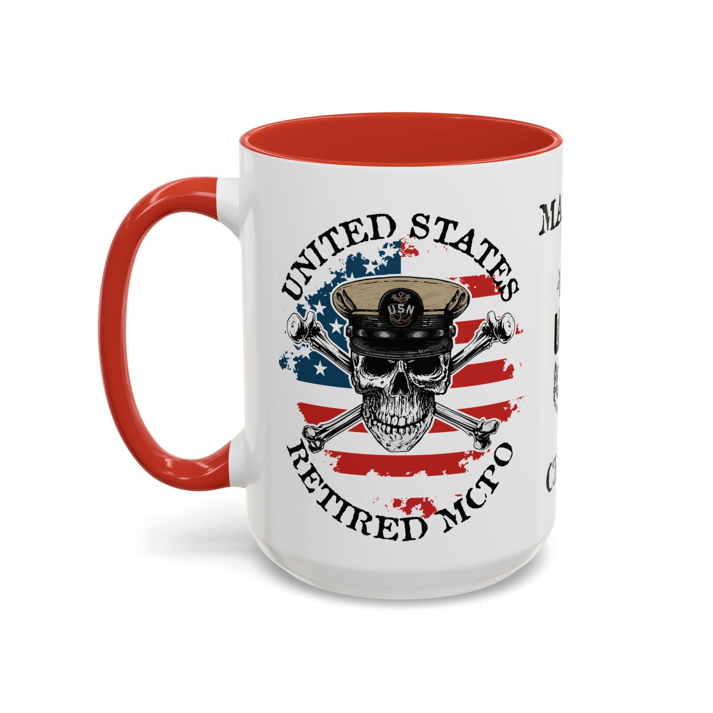 United States Navy Retired MCPO Skull Crossbones Master Chief Petty Officer Anchor with Distressed USA Flag Accent Coffee Mugs