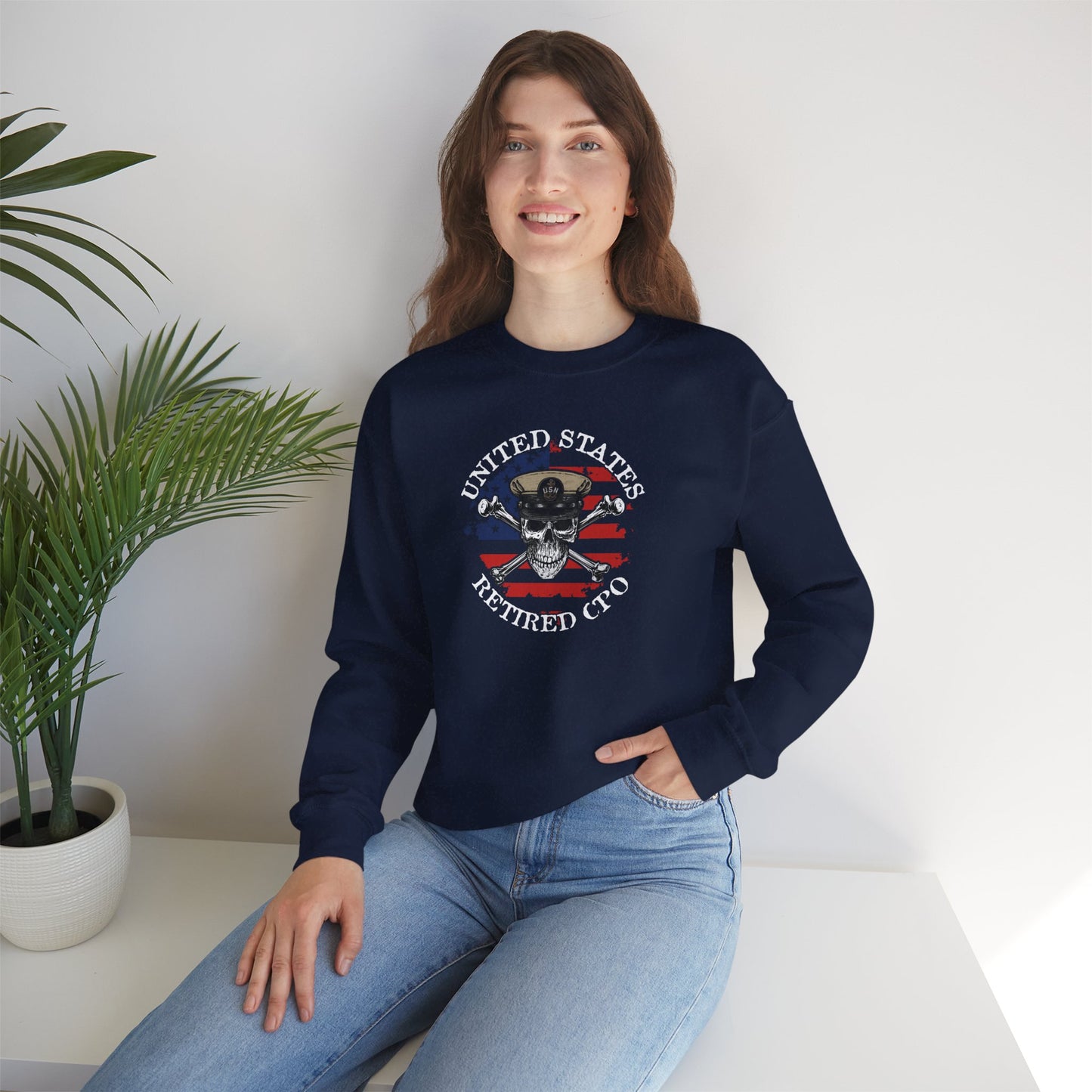 United States Retired CPO Skull Crossbones Chief Sailor on Distressed American Unisex Heavy Blend™ Crewneck Sweatshirt