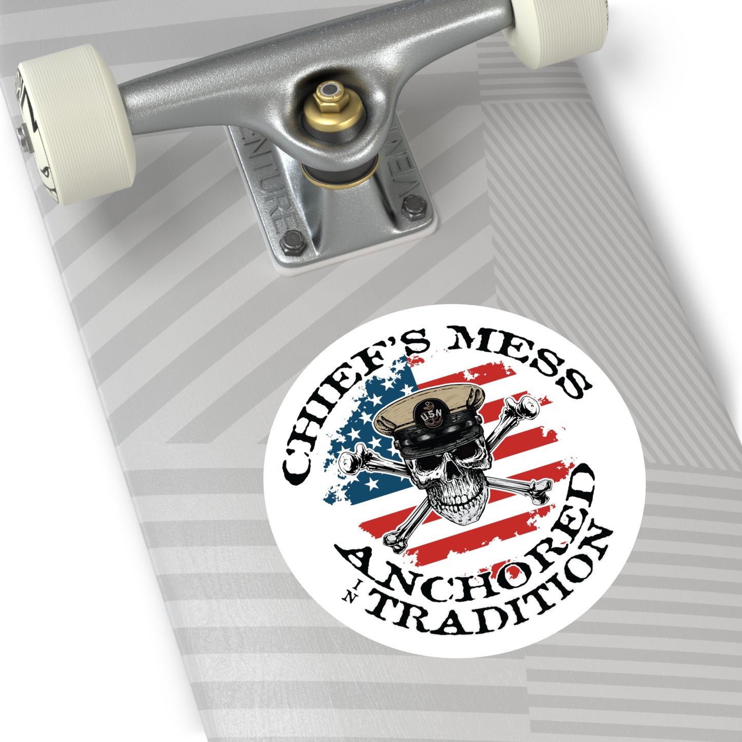 Chief's Mess Anchored Tradition Skull Crossbones on Distressed USA Flag Round Sticker