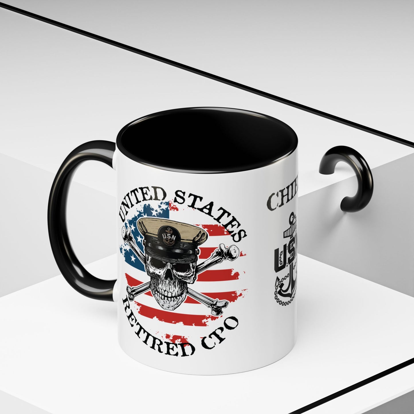 United States Navy Retired CPO Skull Crossbones Chief Petty Officer Anchor with Distressed USA Flag Accent Coffee Mugs