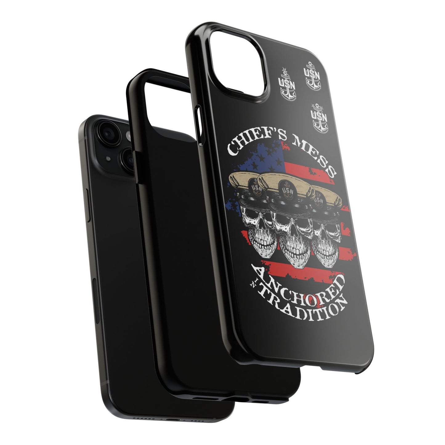 Chief's Mess Anchored Tradition CPO Sailor Skulls on Distressed USA Flag Black Tough iPhone Case