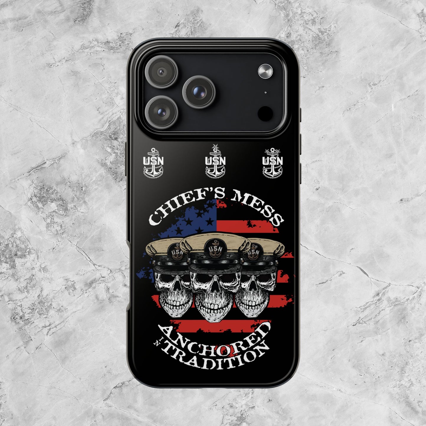 Chief's Mess Anchored Tradition CPO Sailor Skulls on Distressed USA Flag Black Tough iPhone Case