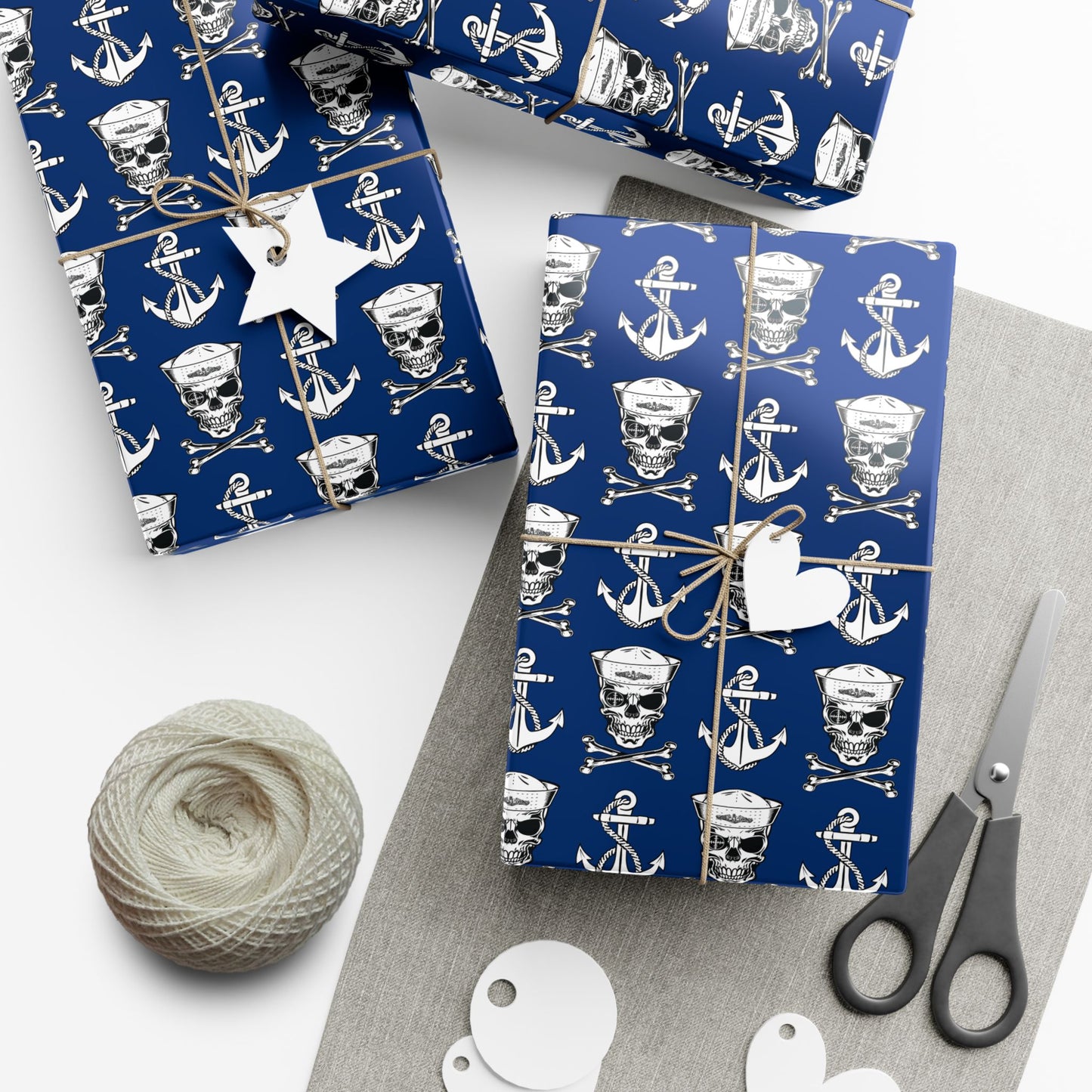 US Navy Submarine Force Sailor Skull Crossbones Wearing Dolphins with Anchors Blue Gift Wrap Papers