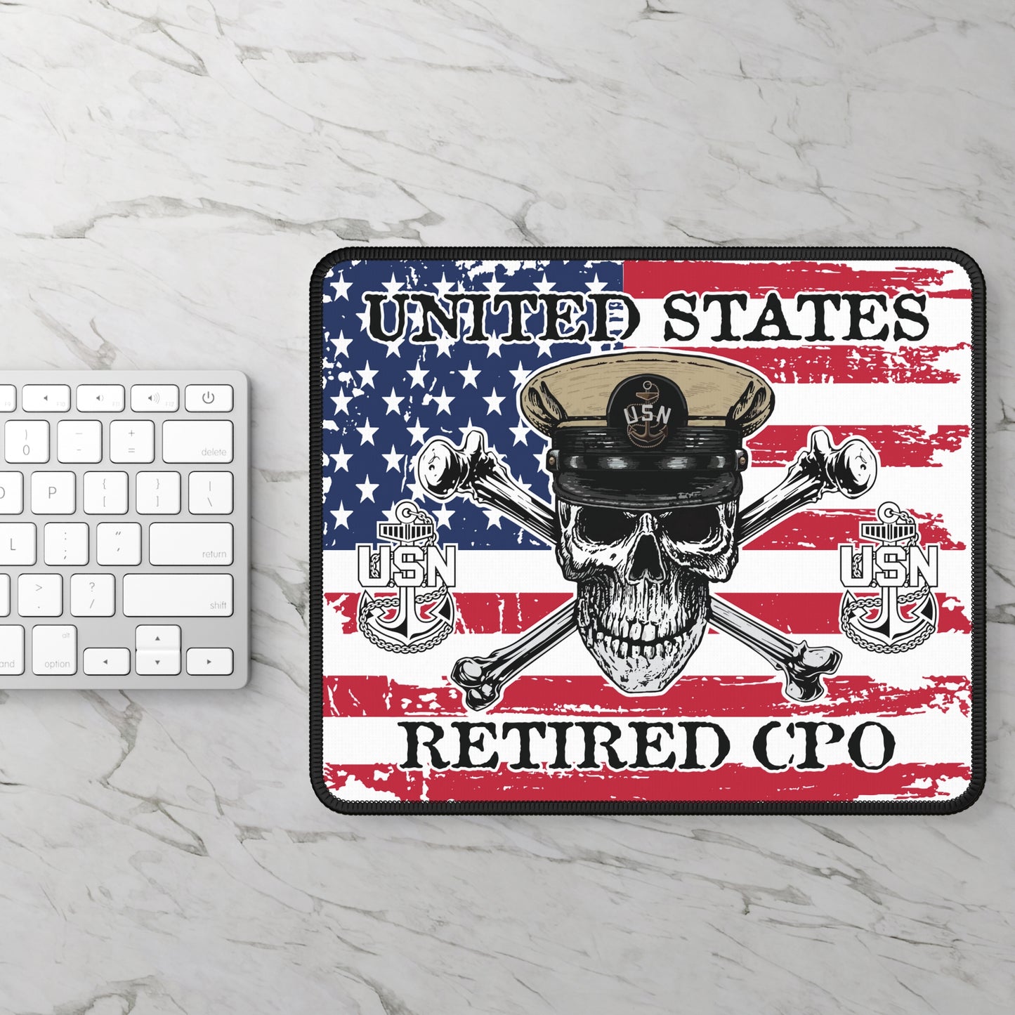 United States Retired CPO Skull Crossbones Chief with Distressed American Flag Gaming Mouse Pad