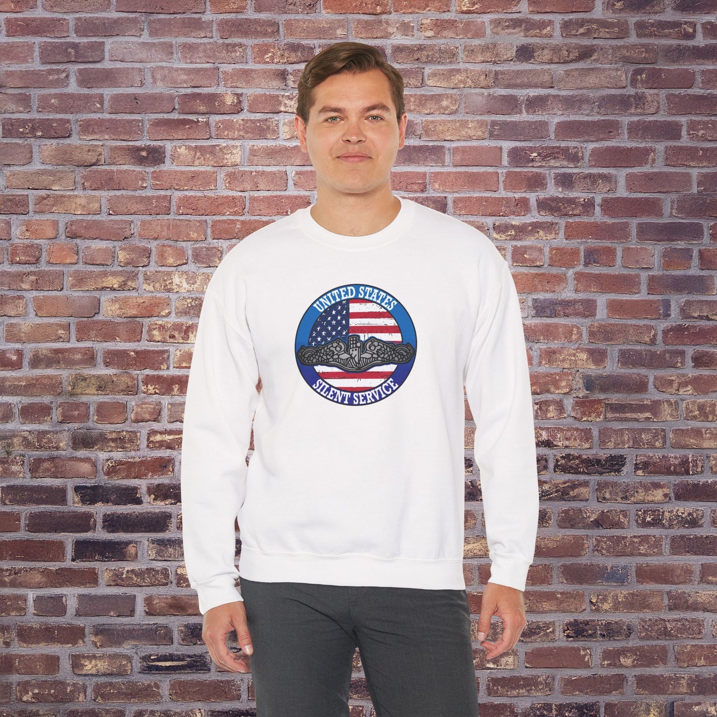 United States Silent Service Submarine Force Silver Dolphins on Distressed American Flag Unisex Heavy Blend™ Crewneck Sweatshirt