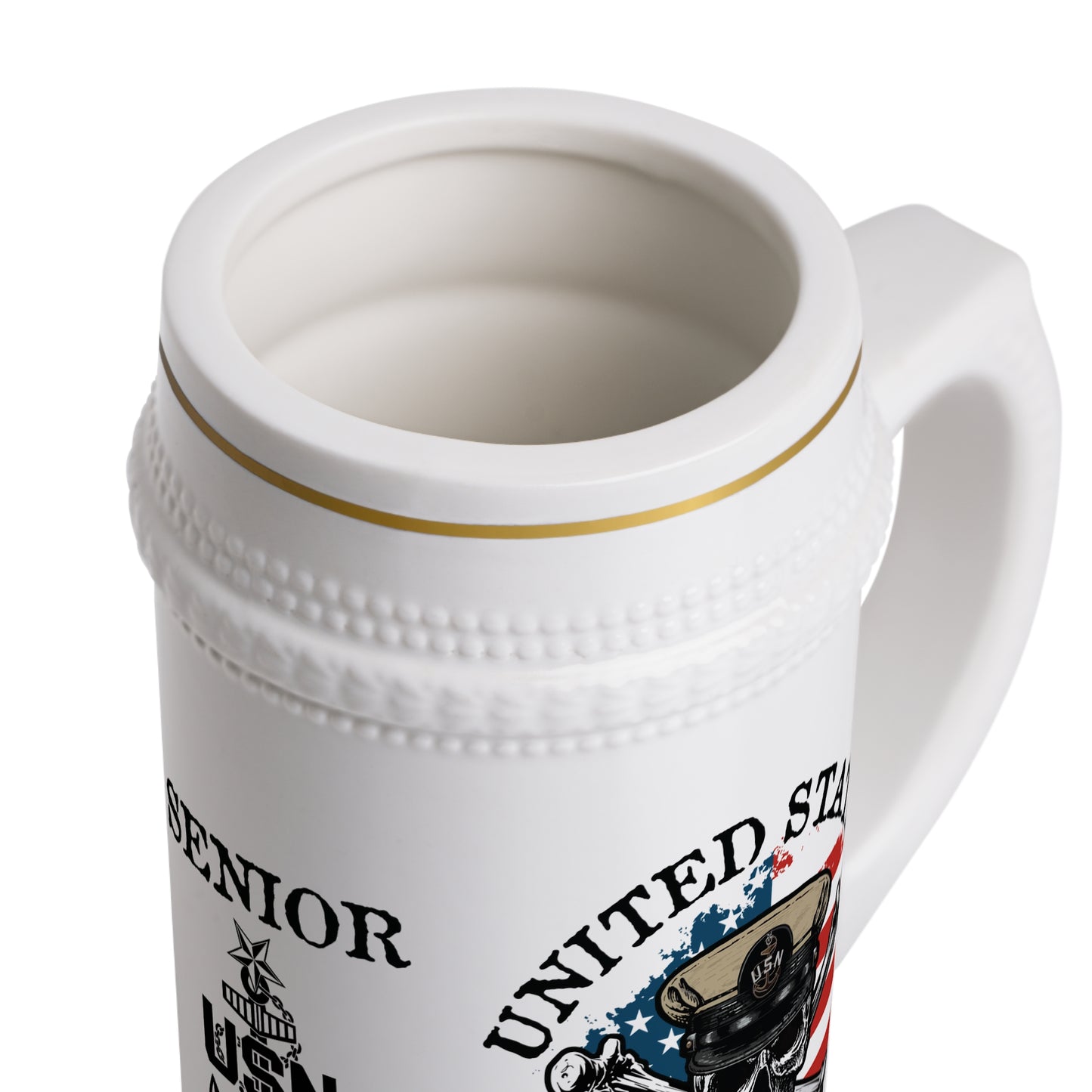 US Retired Senior Chief Petty Officer Skull Crossbones with Distressed American Flag Stein Mug